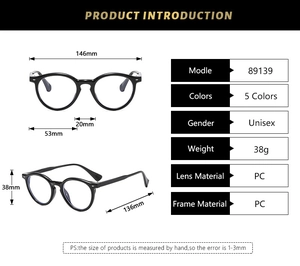 Detailed size specifications for vintage round blue light blocking glasses with frame measurements