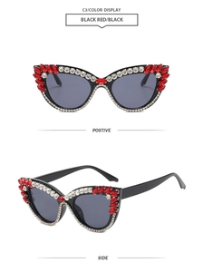 Vorder- und Seitenansicht der Katzenaugen-Sonnenbrille mit schwarzen Rahmen und Steinen