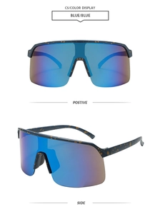 Detail view of colorful cycling sunglasses with blue polarized lenses and splash pattern