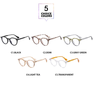 Detailed view of vintage round blue light blocking glasses in five color variations