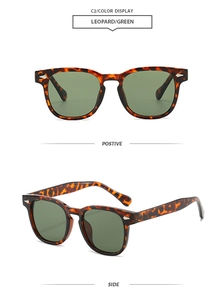 Detail view of leopard frame sunglasses with green lenses from front and side angles