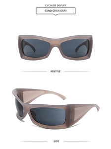 Wide frame sand gray sport sunglasses with gray lenses in front and side views
