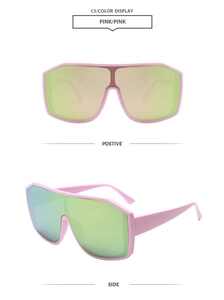 Front and side views of pink oversized cycling sunglasses with iridescent lenses