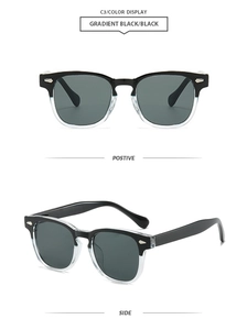 Detail of square gradient black sunglasses featuring silver arrow rivets and dark lenses