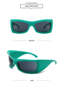 Detail view of sand green oversized sport sunglasses with gray lenses in matte finish