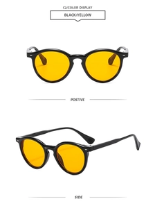 Retro round sunglasses with black frames and yellow lenses from front and side angles