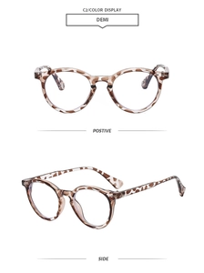Detailed view of tortoise shell round frame glasses with anti-blue light lenses and metal pins