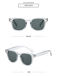 Detail view of gray lenses and black square frame showing front and side perspectives