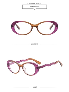 Detailed view of oval gradient tea purple sunglasses with unique wavy temple design
