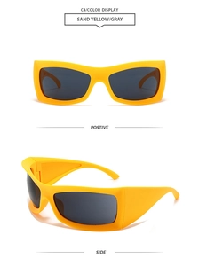 Detail view of Sand Yellow oversized sports sunglasses with gray lenses from multiple angles