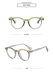 Detail view showing gray green round frames from both positive and side angles