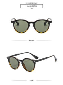 Detail view of retro round sunglasses with black frame and green lenses from two angles
