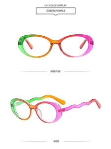 Detail view of oval rainbow sunglasses with unique wavy temples and colorful gradient frame