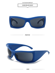 Detail view of Sand Blue frame and Gray lenses on vintage sports style sunglasses