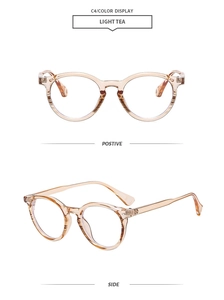 Macro detail of retro round light tea frames showing front and side profile views