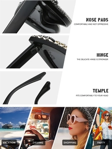 Detailansicht der kristallbesetzten Cat-Eye-Sonnenbrille mit bequemen Nasenpads und Scharnieren