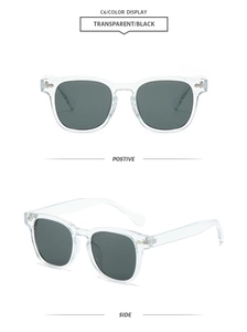 Detail view of transparent square frame sunglasses with black lenses and rivet accents