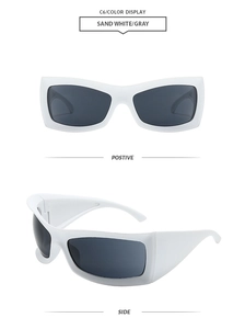 Detail view of sand white oversized sunglasses with gray lenses and wide matte temples