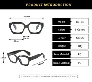 Detailed sizing chart with technical dimensions for irregular blue light blocking glasses