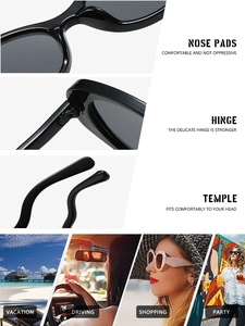 Detail of vintage oval sunglasses showing comfort nose pads, wavy temples and usage scenarios