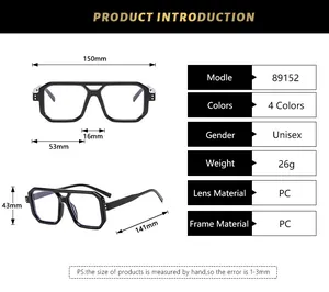 Detailed size chart for retro oversized polygon glasses with PC frame dimensions