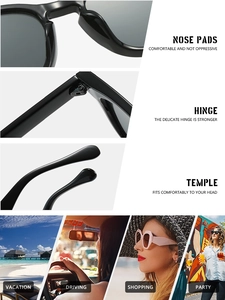 Detail view of square sunglasses showing metal hinges, nose pads, and lifestyle scenarios