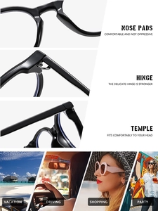 Detail of round black glasses showing metal hinges and daily lifestyle scenarios