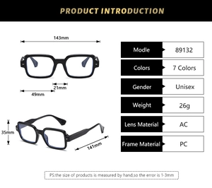 Detailed size chart for black square blue light blocking glasses with frame dimensions
