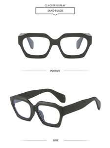Front and side views of matte sand black polygonal anti-blue light glasses frames