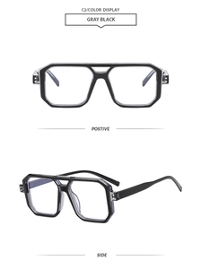 Macro view of gray black irregular polygon eyeglasses frame from positive and side angles