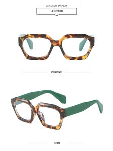 Detail of leopard print frames with vibrant neon green temples in geometric style