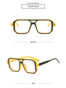 Front and side views of irregular polygonal two-tone eyewear frame in yellow and black