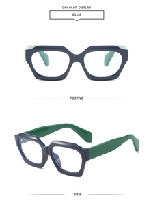 Detail view of stylish irregular polygonal blue frames with green temples for blocking blue light