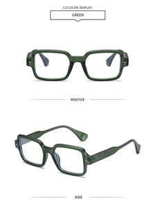 Detail view of green square frame glasses with silver rivets and matte texture finish