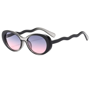 Retro oval sunglasses with unique wavy zigzag temples and purple gradient lenses