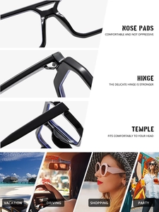 Detail view of black oversized glasses showing reinforced hinges and lifestyle scenes