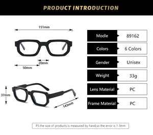 Detailed dimension chart showing sizes for square PC frame glasses model 89162