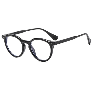 Classic round black frame anti-blue light glasses with stylish silver metal rivets