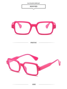 Detailed front and side view of rose red square thick frame glasses in bright pink finish