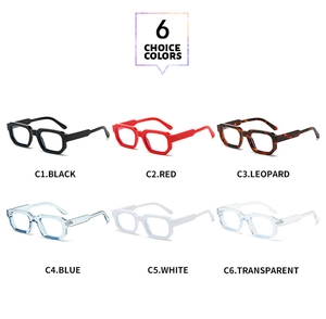 Matrix display of thick square eyewear frames in six assorted colors on white background