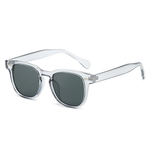 Fashionable square sunglasses with transparent frames and dark gray lenses for outdoor use