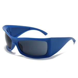 Modern oversized sports sunglasses with blue frames and dark lenses for outdoor cycling