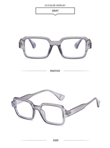 Front and side views of square gray transparent eyeglasses frames with rivet details