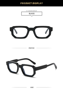 Front and side views of chunky black square eyeglass frames in classic retro style