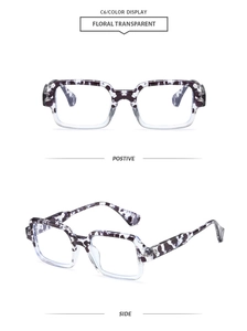Detailed front and side views of square floral and transparent blue light glasses