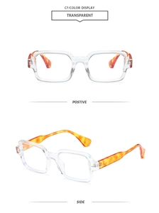 Detail view of transparent square frames with orange tortoiseshell temples and metal rivets