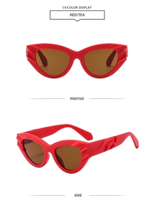 Detailed views showing textured red cat eye sunglasses with brown lenses from front and side