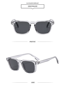 Detail view of vintage square grey sunglasses showing front and side profile perspectives