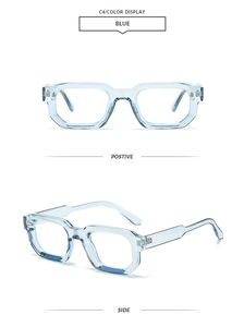Detailed views of light blue transparent square frame glasses from front and side angles