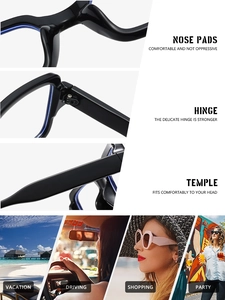 Detail of square glasses frame with metal hinges and lifestyle outdoor usage scenes